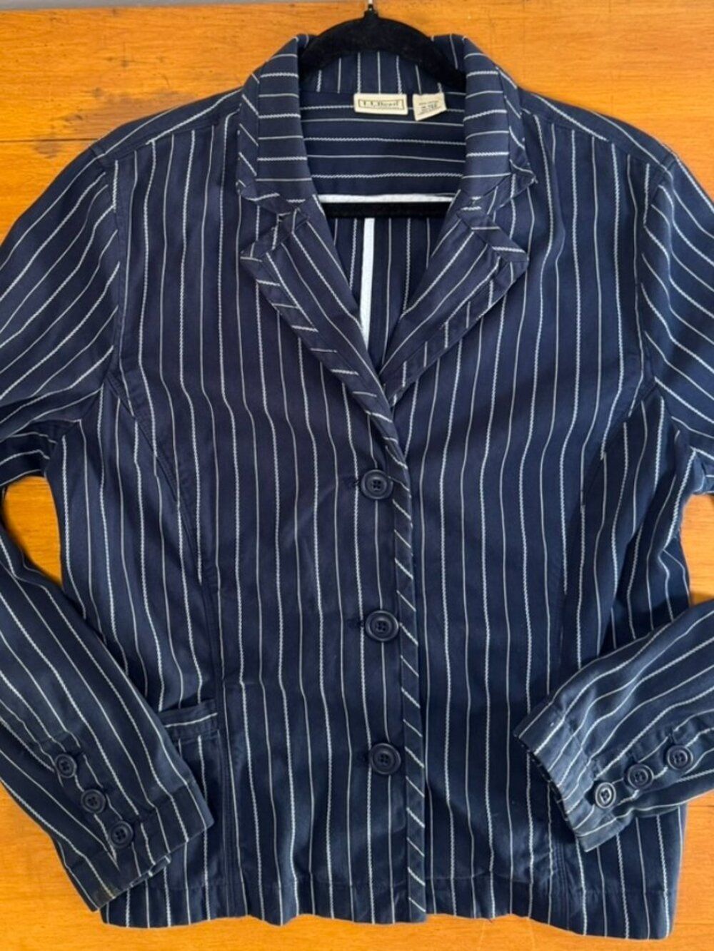L.L.Bean Navy Stripe Cotton Blazer Jacket Preppy Coastal Grandma Plus 16